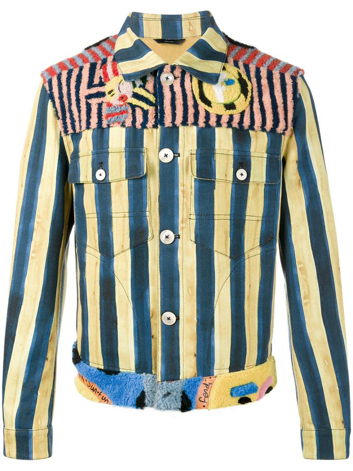 Fendi John Booth Stripe Denim Jacket, Men's, Size: 48, Blue, Cotton/lamb Fur
