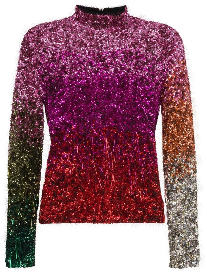 Ashish High Neck Tinsel Embellished Silk Top - Pink & Purple