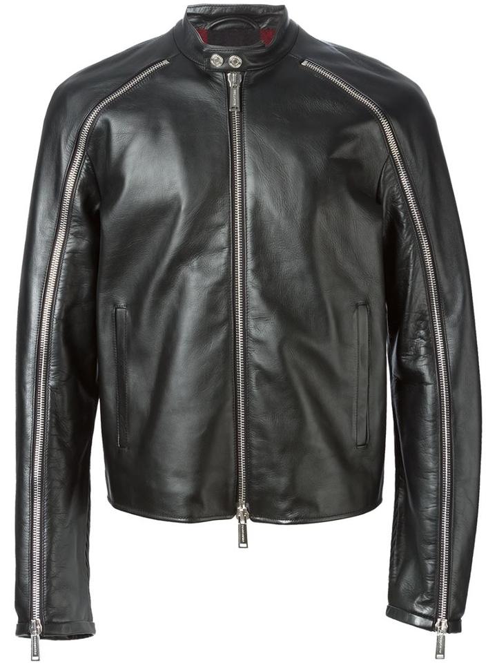 Dsquared2 Zip Detail Jacket, Men's, Size: 50, Black, Calf Leather/polyester/wool