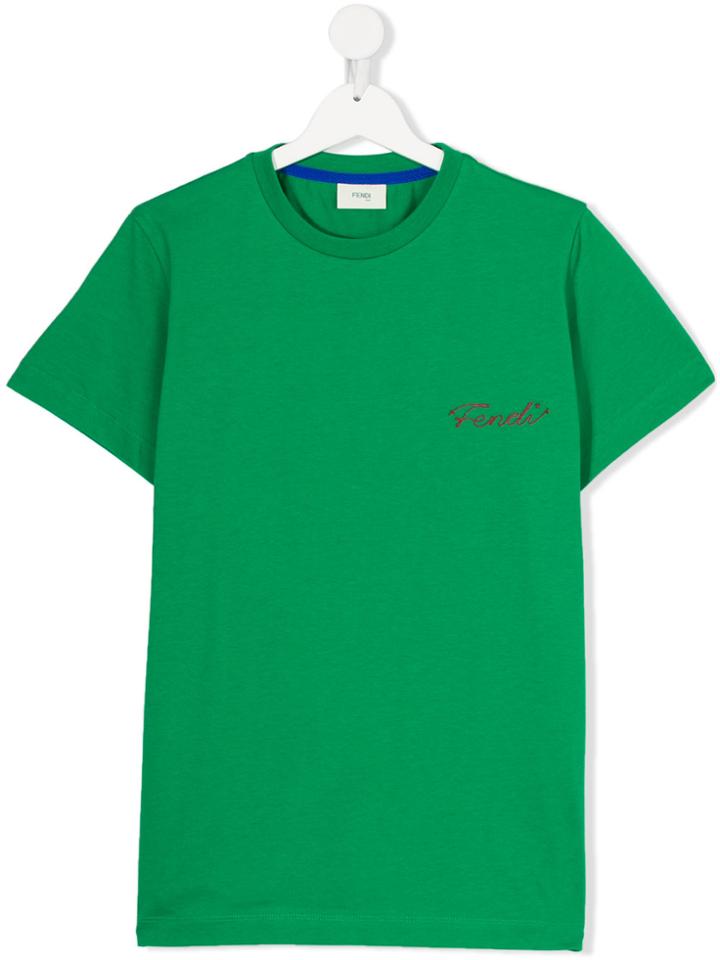 Fendi Kids Embroidered Logo T-shirt - Green