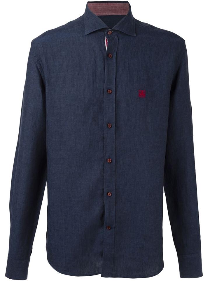 Corneliani Embroidered Logo Shirt, Men's, Size: 44, Blue, Linen/flax