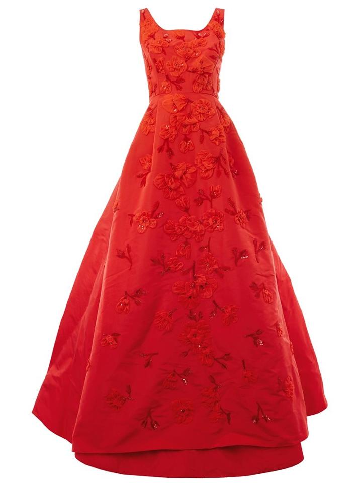 Oscar De La Renta Flower Embellished Dress, Women's, Size: 8, Red, Silk/polyester