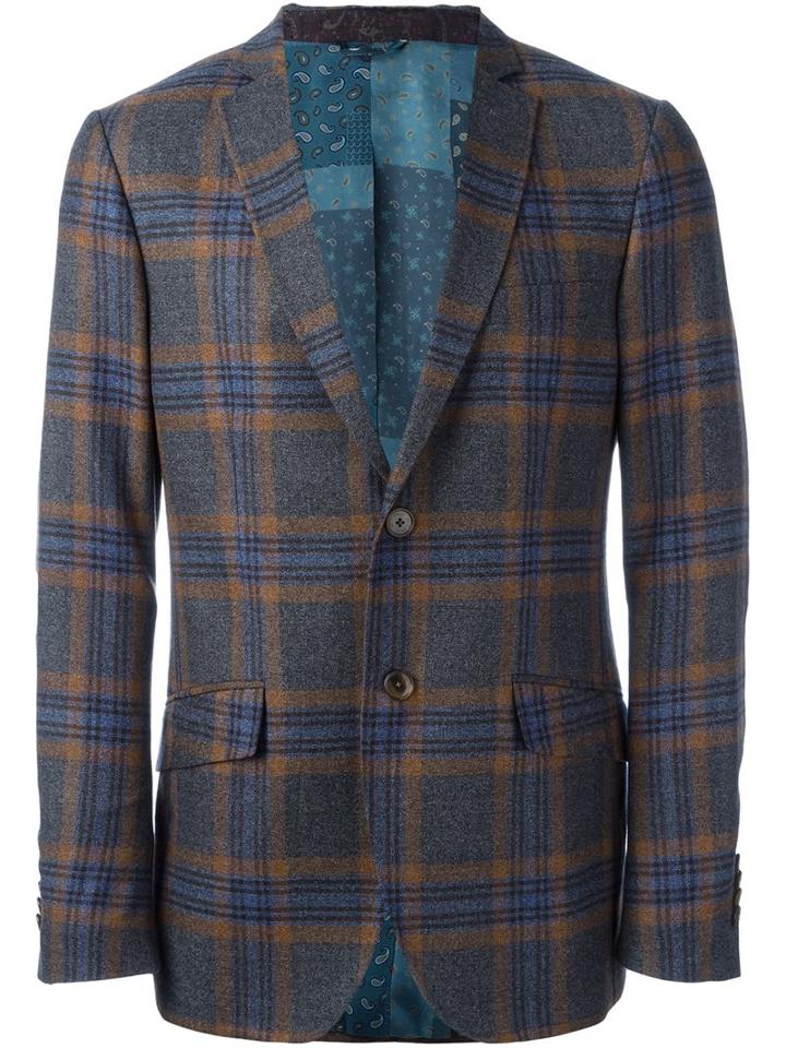 Etro Checked Blazer, Men's, Size: 50, Blue, Silk/acetate/viscose/wool
