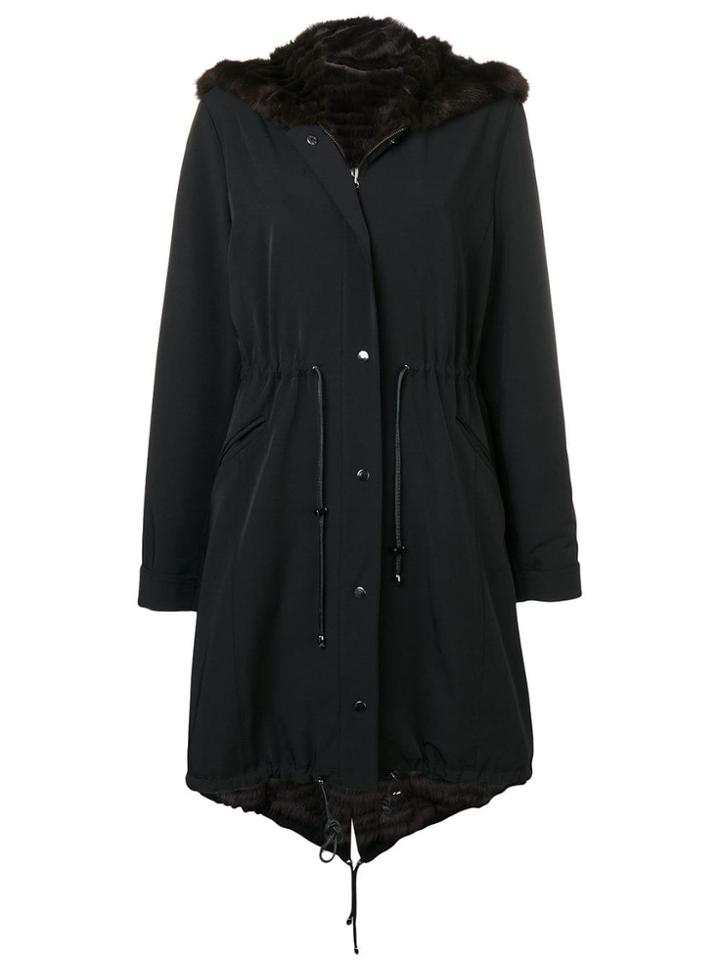 Liska Rabbit Fur Trim Hooded Parka - Black