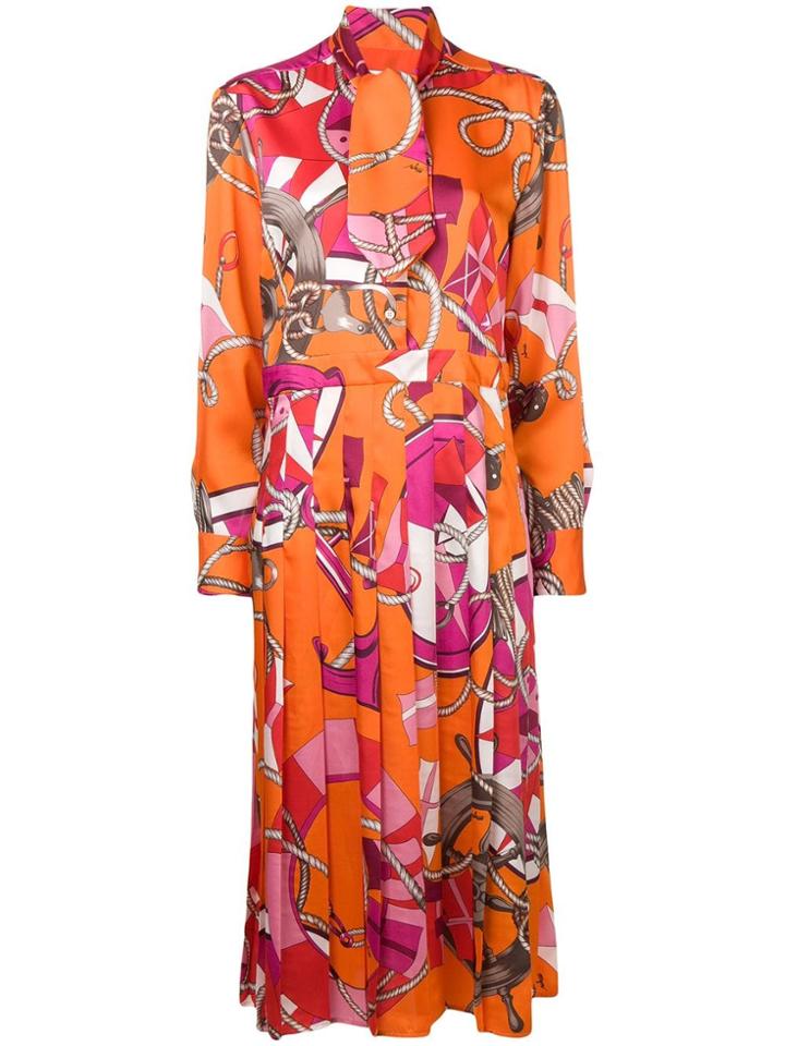 Msgm Tie Neck Printed Midi Dress - Orange