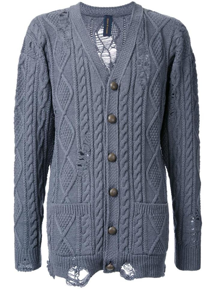 Miharayasuhiro Distressed Aran Knit Cardigan, Men's, Size: 48, Grey, Acrylic/wool