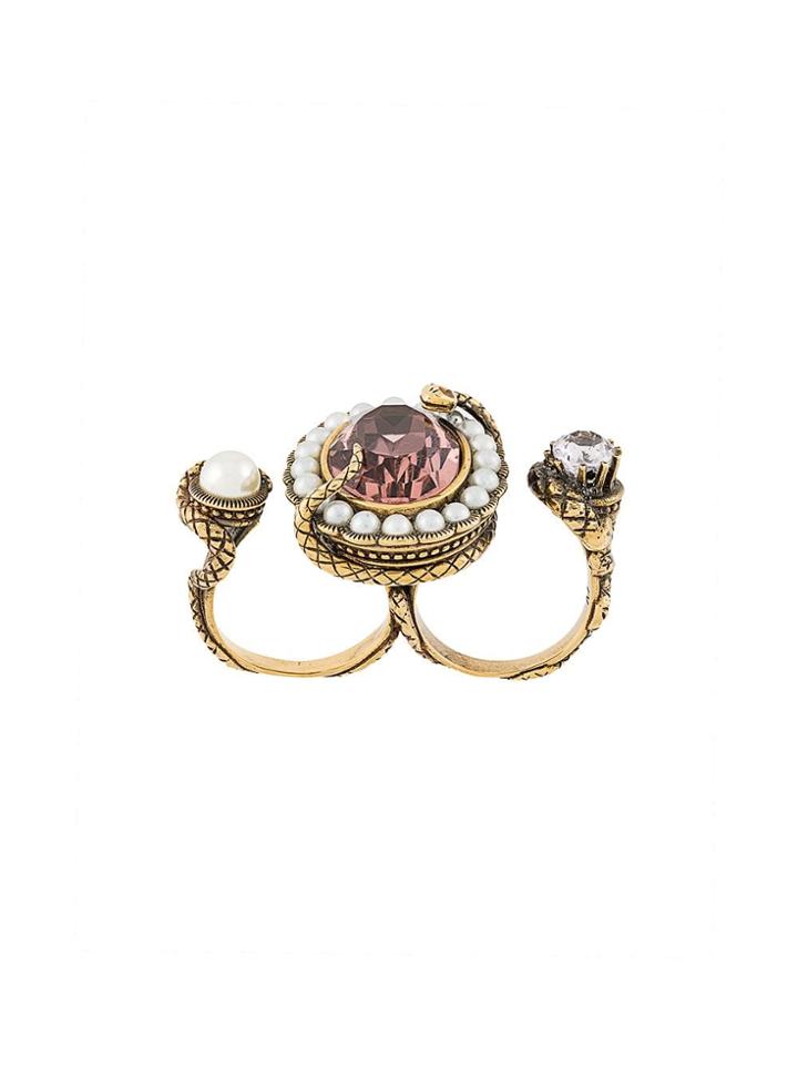 Alexander Mcqueen Snake Crystal Double Ring - Metallic