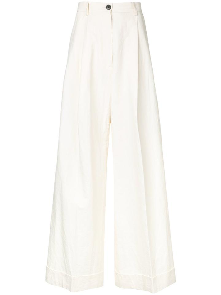 Dries Van Noten Pleat Detail Palazzo Trousers, Women's, Size: 40, White, Cotton/linen/flax