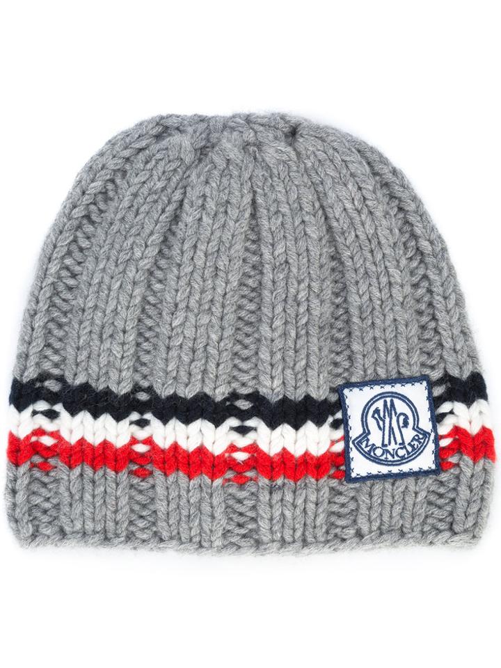 Moncler Gamme Bleu Logo Striped Beanie Hat - Grey