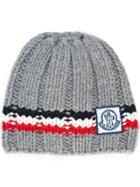 Moncler Gamme Bleu Logo Striped Beanie Hat - Grey