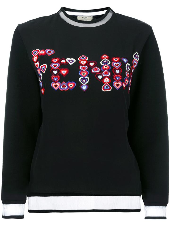 Fendi Embellished Heart Sweatshirt, Women's, Size: 38, Black, Cotton/polyamide/silk