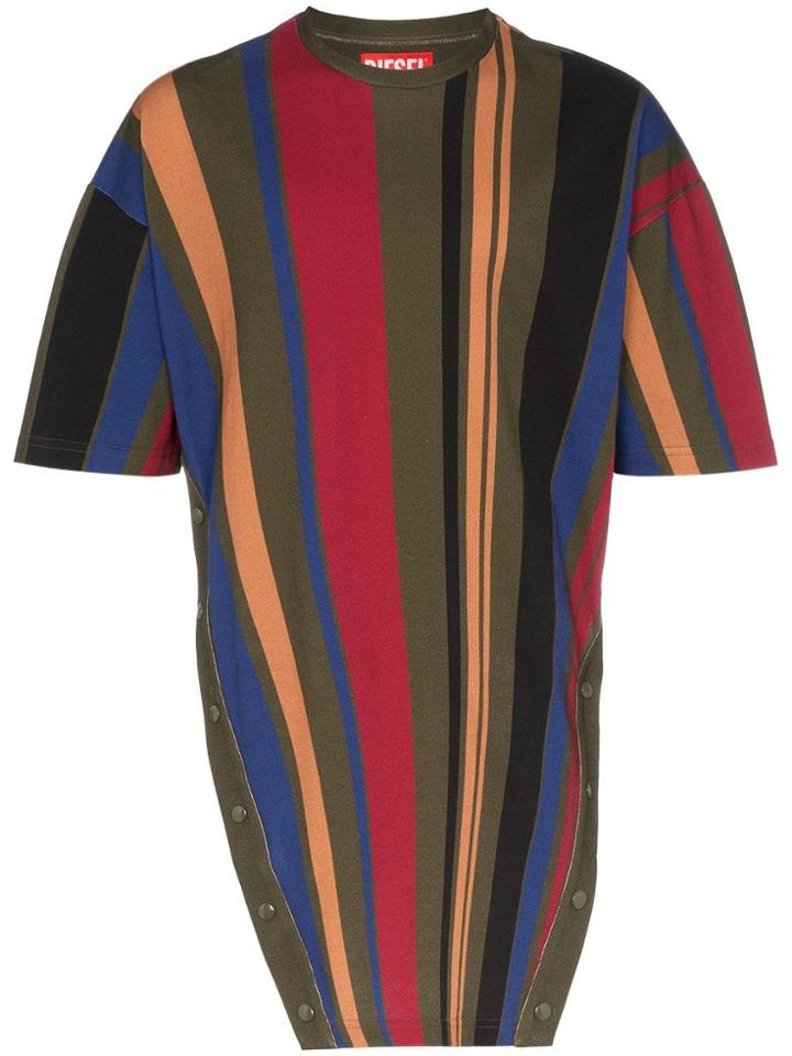 Diesel Red Tag Popper Button Stripe Print Cotton T Shirt -