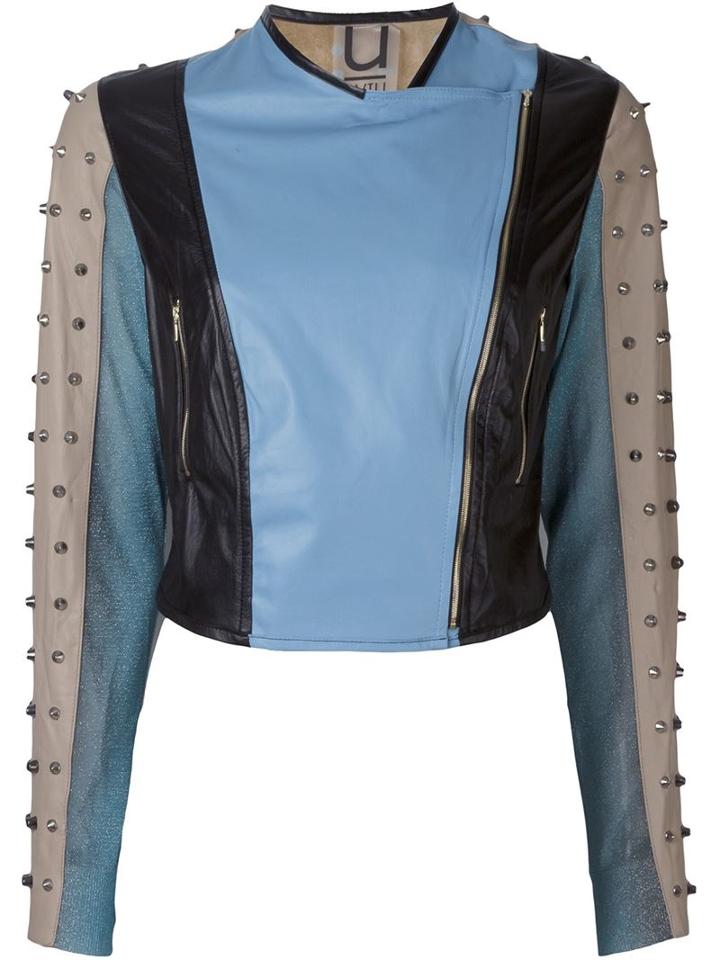 Aviù Snakeskin Effect Collar Studded Sleeve Cropped Jacket