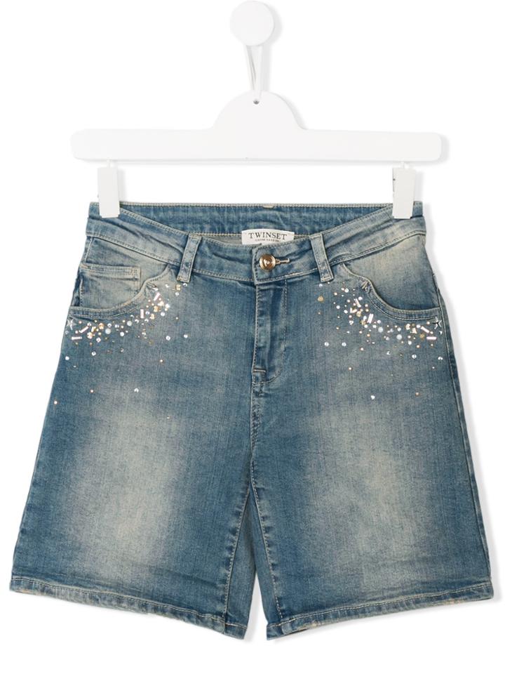 Twin-set Kids Embellished Denim Shorts - Blue