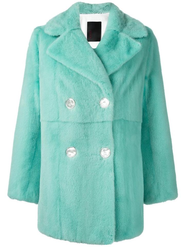 Liska Double Breasted Mink Fur Coat, Women's, Size: 42, Green, Silk/mink Fur/goat Suede