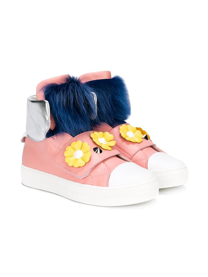 Fendi Kids Faux Fur And Floral Apliqué Hi-top Sneakers - Pink & Purple