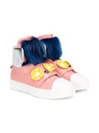 Fendi Kids Faux Fur And Floral Apliqué Hi-top Sneakers - Pink & Purple