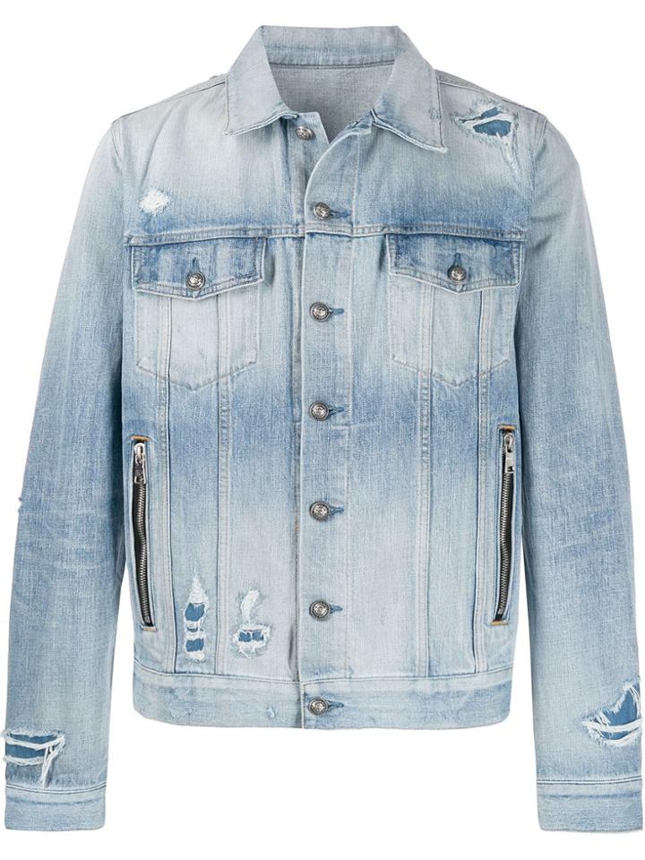 Balmain Ripped Denim Jacket - Blue