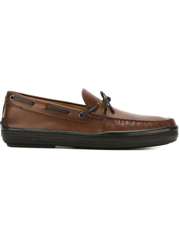 Tod S Front Tie Boat Shoes, Men's, Size: 7.5, Brown, Leather/rubber