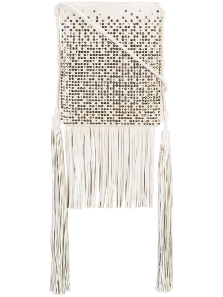 Saint Laurent Studded Fringed Shoulder Bag - White