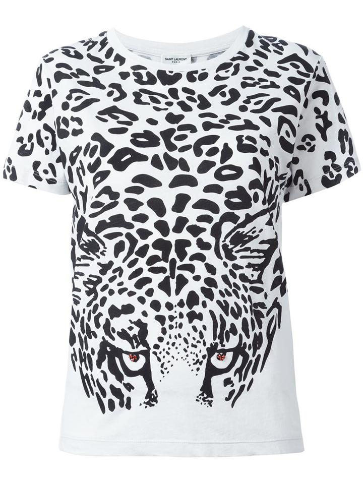 Saint Laurent Leopard Print T-shirt, Women's, Size: Large, White, Cotton/metal/glass