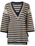 Alberta Ferretti Striped V-neck Jumper, Women's, Size: 44, Brown, Cotton/polyamide/rayon/other Fibers