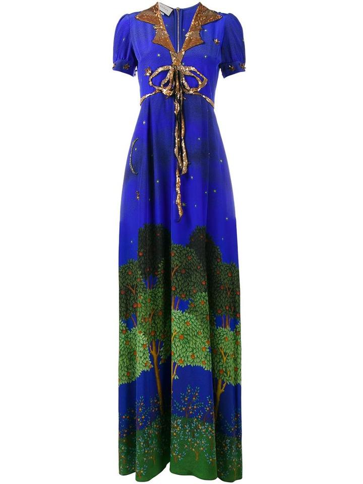 Gucci Sequin Embellished Printed Gown, Women's, Size: 40, Blue, Silk