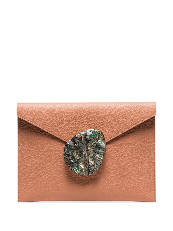 Nathalie Trad Coral Rene Leather Shell Clasp Clutch - Neutrals