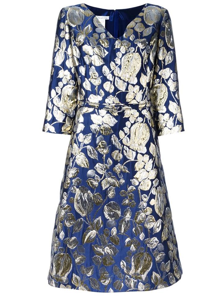 Oscar De La Renta Jacquard Floral Dress, Women's, Size: 12, Blue, Silk/polyester/nylon