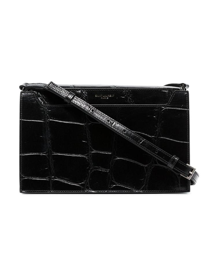Saint Laurent Black Catherine Croc Print Patent Leather Shoulder Bag