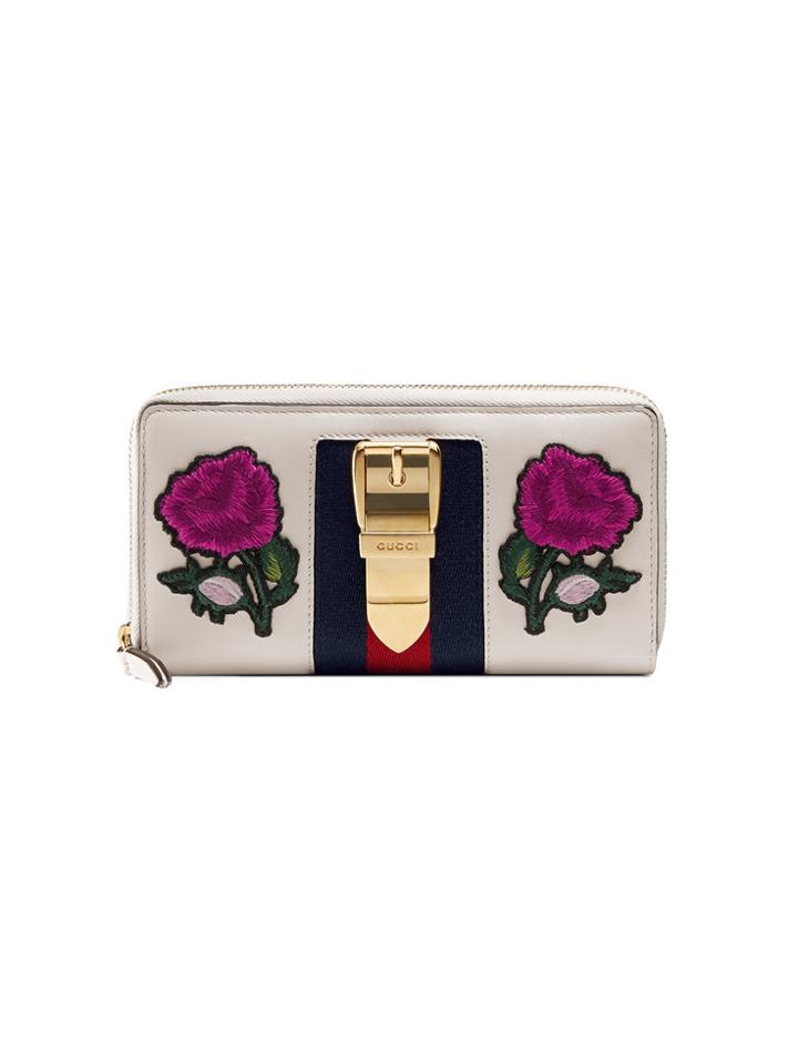 Gucci Sylvie Embroidered Leather Zip Around Wallet - White