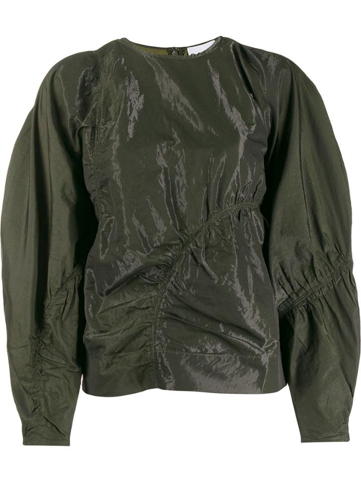 Ganni Structured Sleeves Ruched Blouse - Green