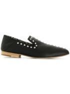 Leather Crown Studded Pointed Slippers - Black