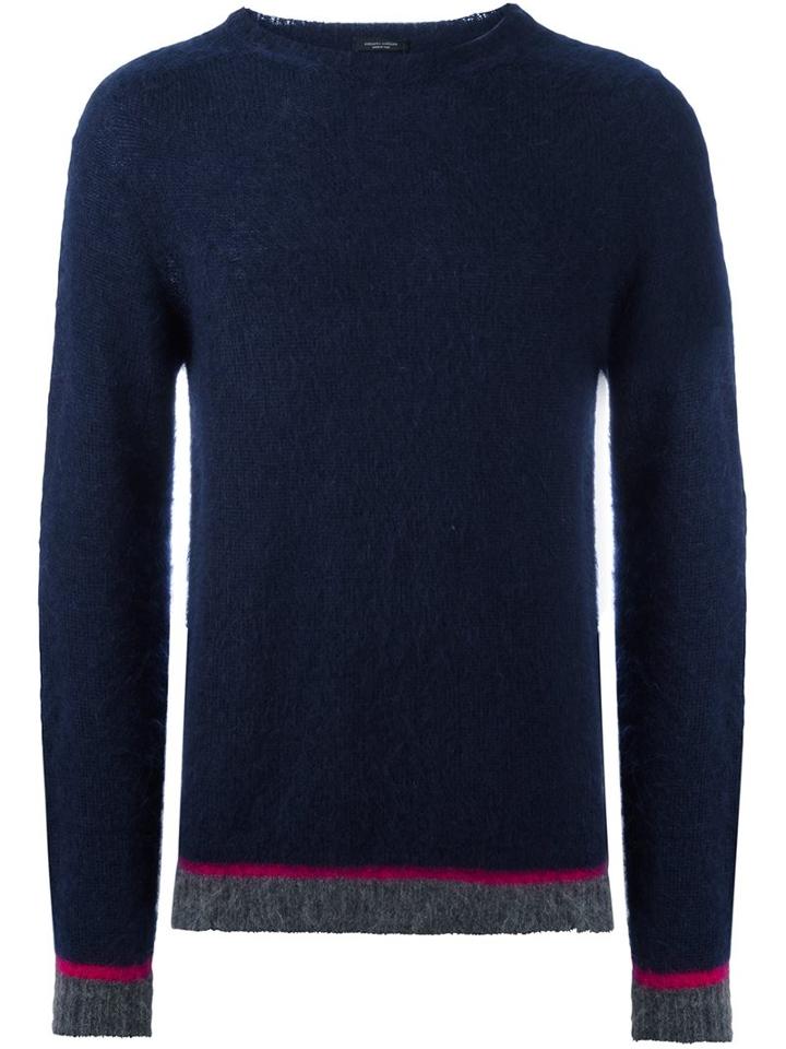 Roberto Collina Crew Neck Sweater, Men's, Size: 48, Blue, Mohair/nylon/wool