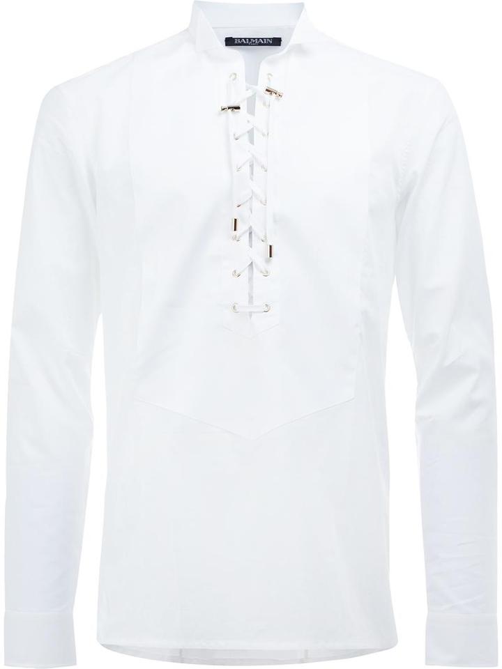 Balmain Drawstring Neck Shirt, Men's, Size: 40, White, Cotton