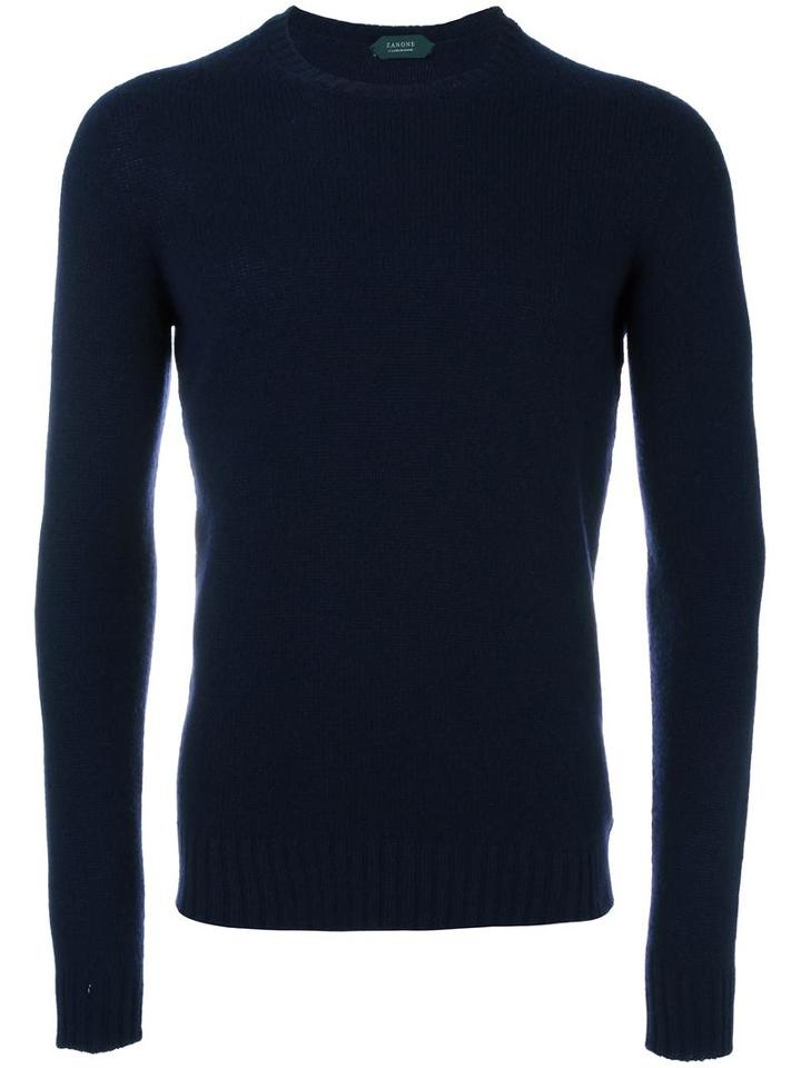 Zanone Round Neck Jumper, Men's, Size: 52, Blue, Virgin Wool
