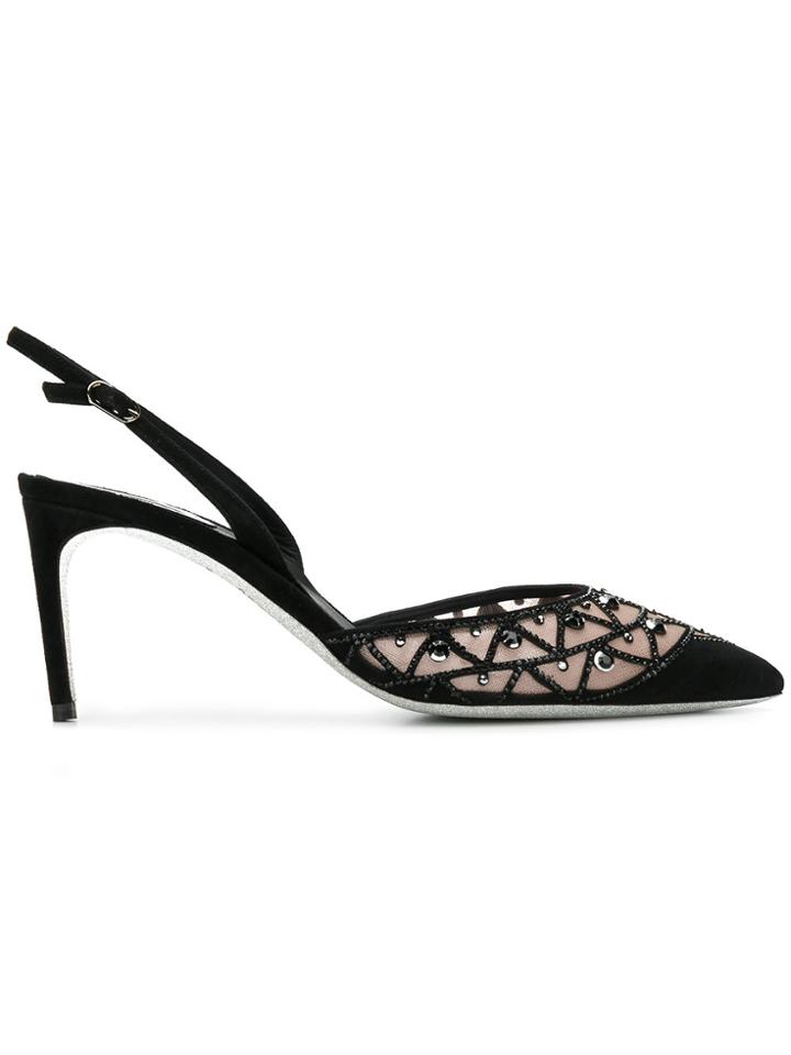 René Caovilla Slingback Crystal Pumps - Black