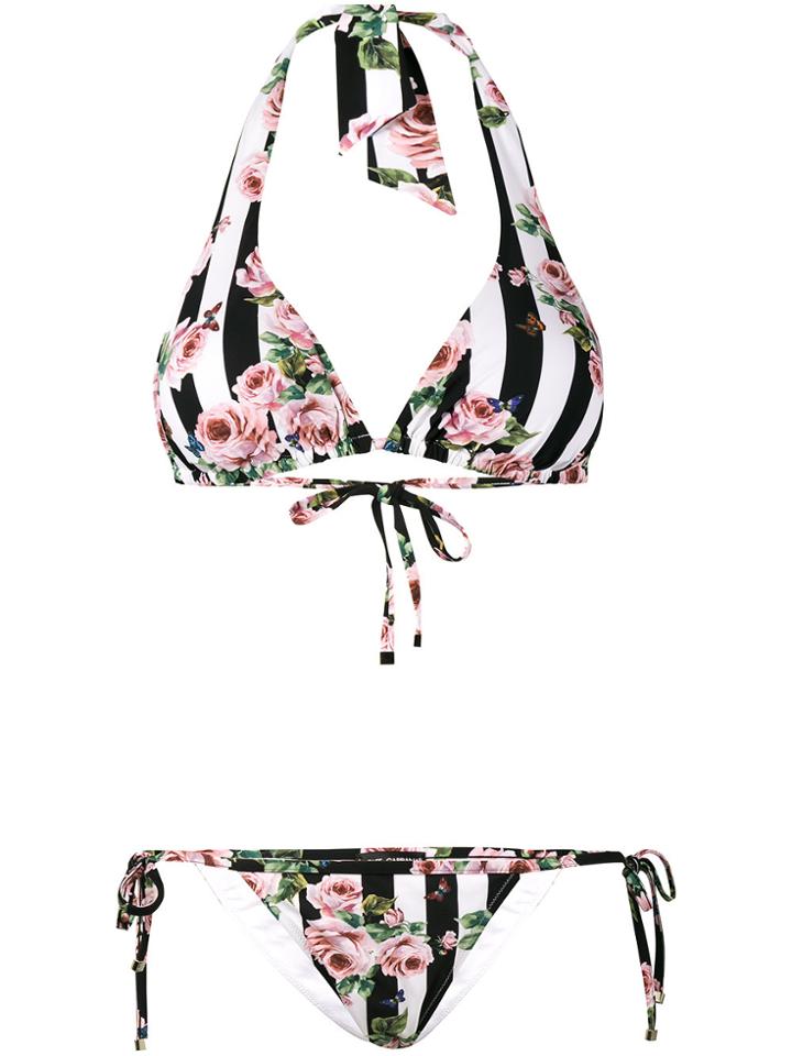 Dolce & Gabbana Rose Print Striped Bikini - Multicolour