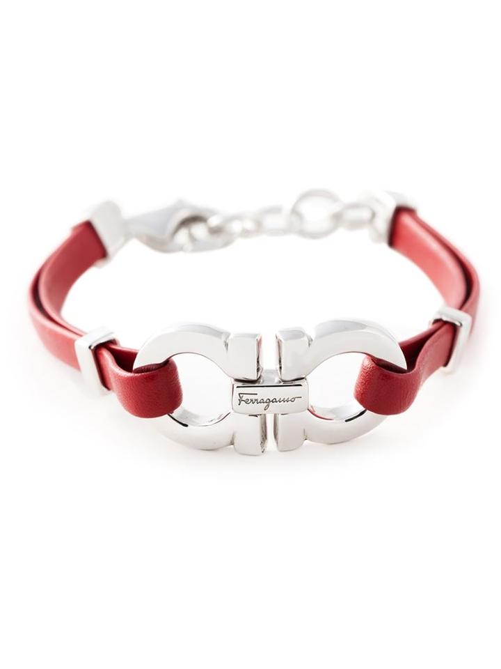 Salvatore Ferragamo Gancini Bracelet, Women's, Red, Silver/leather