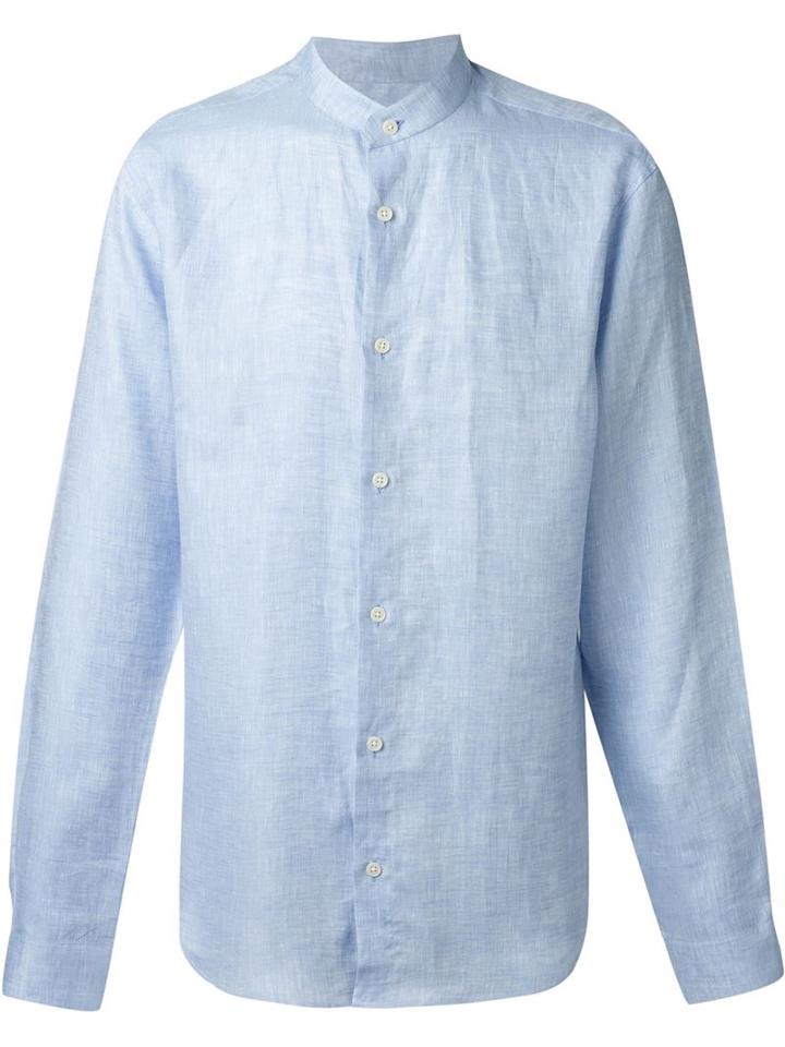 Z Zegna Band Collar Shirt, Men's, Size: 42, Blue, Linen/flax