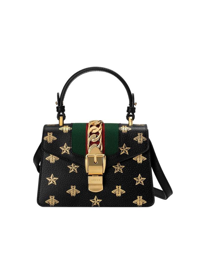 Gucci Sylvie Bee Star Mini Leather Bag - Black