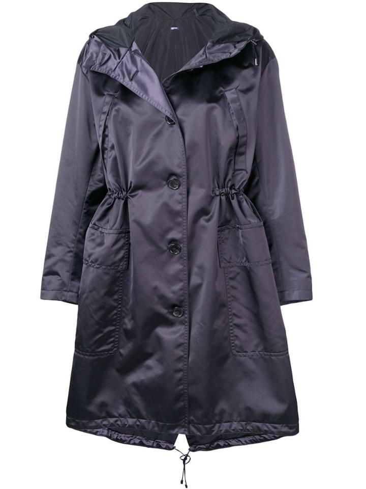 Jil Sander Navy Hooded A Line Parka With Buttons And Zipper Closure -