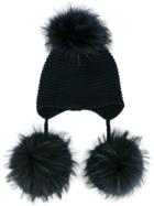 Inverni Raccoon Fur Triple Pom Pom Beanie - Blue
