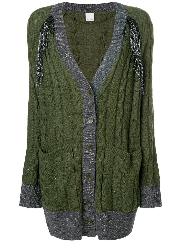 Pinko Lurex Fringe Cable Knit Cardigan - Green