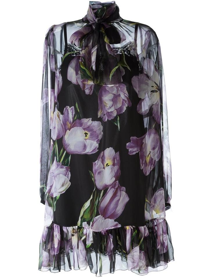 Dolce & Gabbana Tulip Print Sheer Dress, Women's, Size: 38, Black, Silk/cotton/nylon
