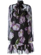 Dolce & Gabbana Tulip Print Sheer Dress, Women's, Size: 38, Black, Silk/cotton/nylon