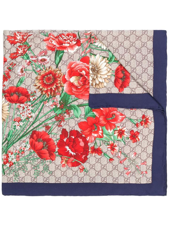 Gucci Gg Logo Floral Printed Scarf - Brown