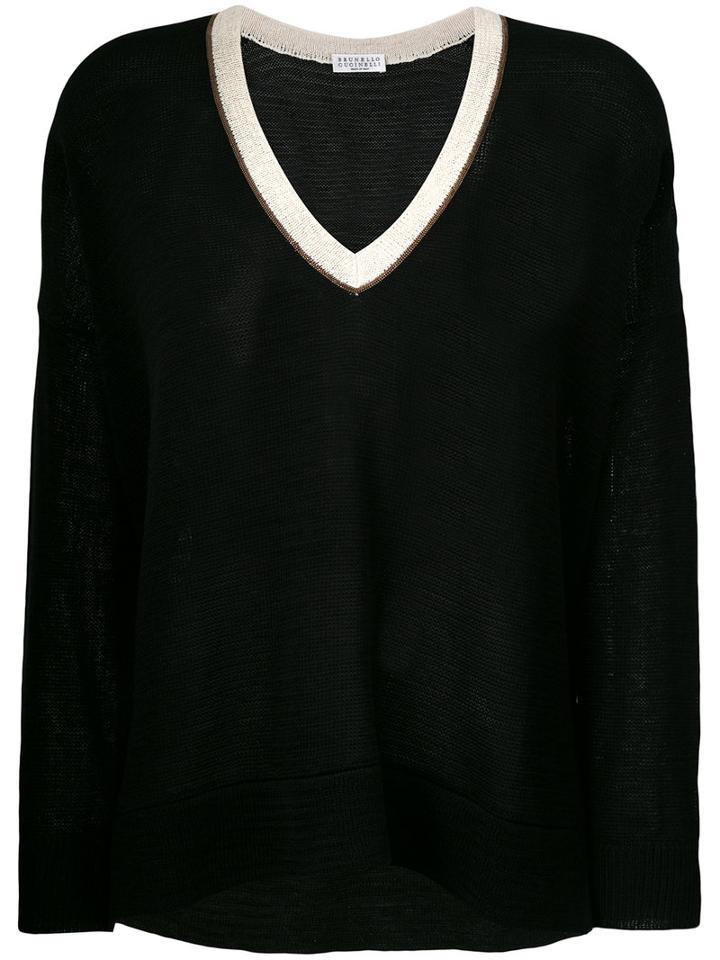 Brunello Cucinelli V Neck Knitted Top, Women's, Size: Medium, Black, Cotton