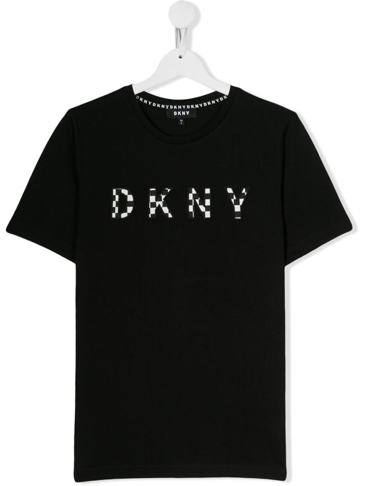 Dkny Kids Teen Checked-logo Relaxed-fit T-shirt - Black