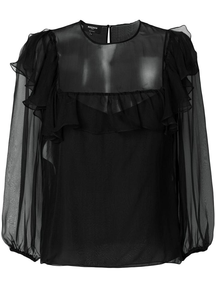 Rochas Sheer Ruffle Trim Blouse - Black